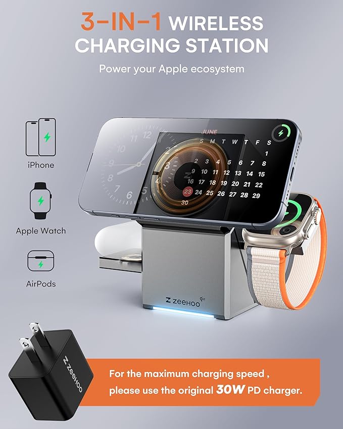 3 in 1 Charging Station for Apple, iPhone Mag-Safe Charger, Qi2 Certified, Rotating Wireless Charger Stand for iPhone 17,16,15,14,13,12 Series, Apple...